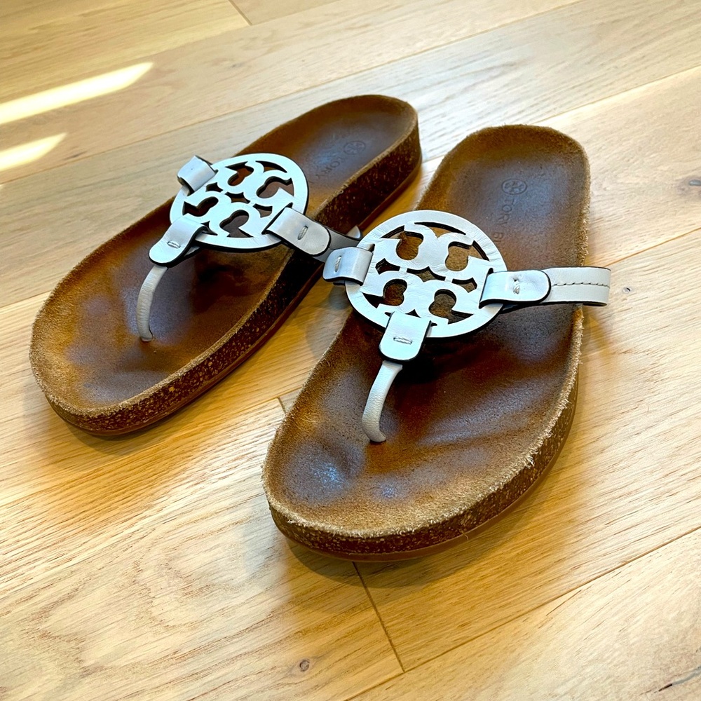 Tory Burch Brown and White Sandals with Signature Logo